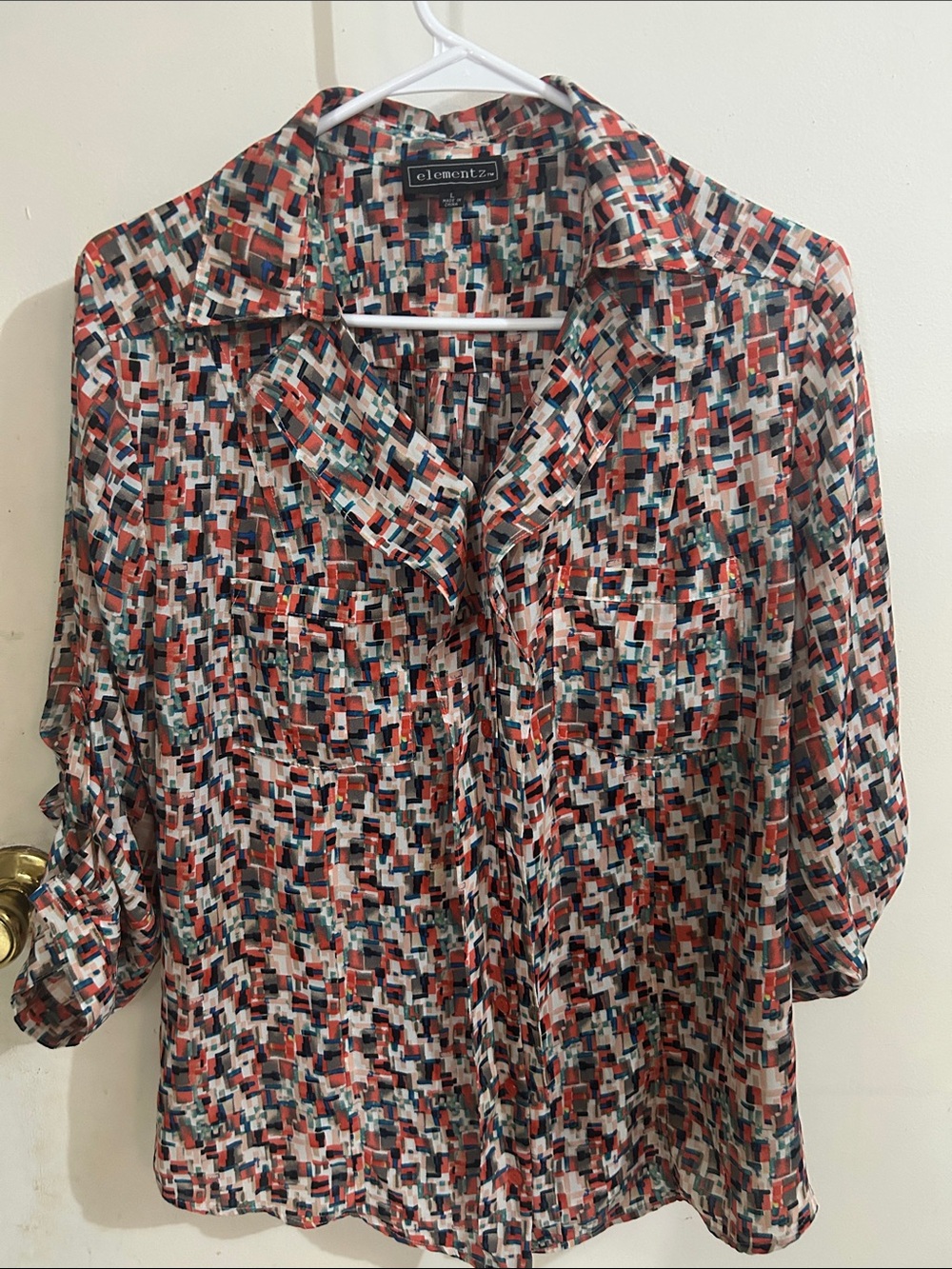 Elementz Abstract Geometric Button-Down Shirt in Red, Navy, Cream